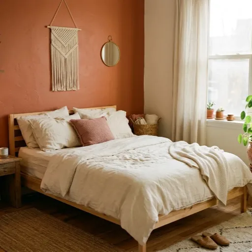 boho bedroom with terracotta wall and cream bedding