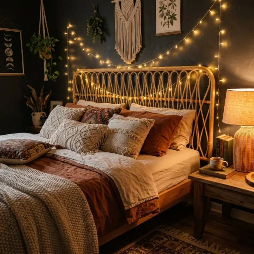fairy lights and rattan bedside lamp with candles on a wooden tray