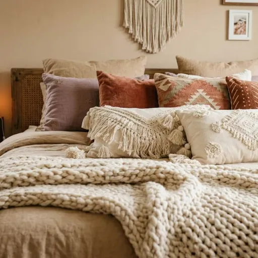 layered knit throw blanket and linen pillows on a boho bed