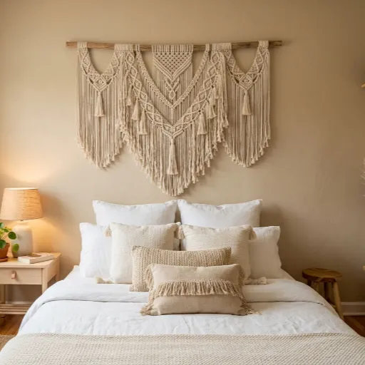 large macrame wall hanging above a bed with white pillows