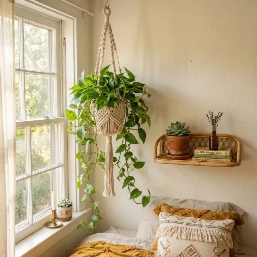 pothos plant hanging near a bedroom window with rattan shelf
