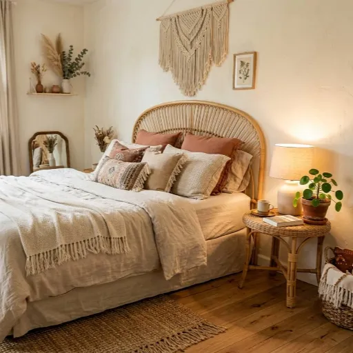 rattan headboard and wicker nightstand in a boho bedroom