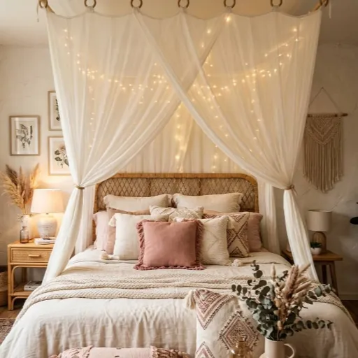 sheer white canopy draped over a boho style bed with layered pillows