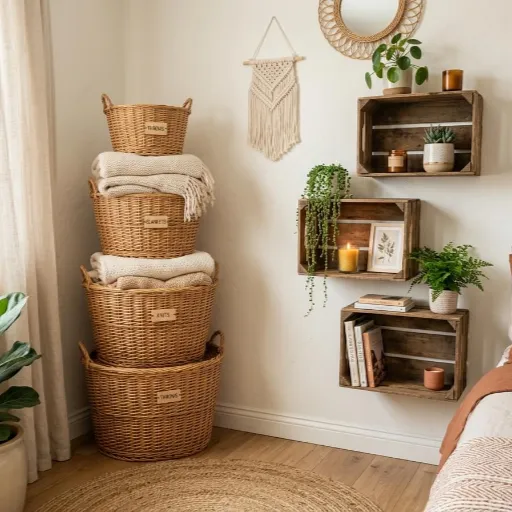 wicker storage baskets and wooden crates organized in a small bedroom
