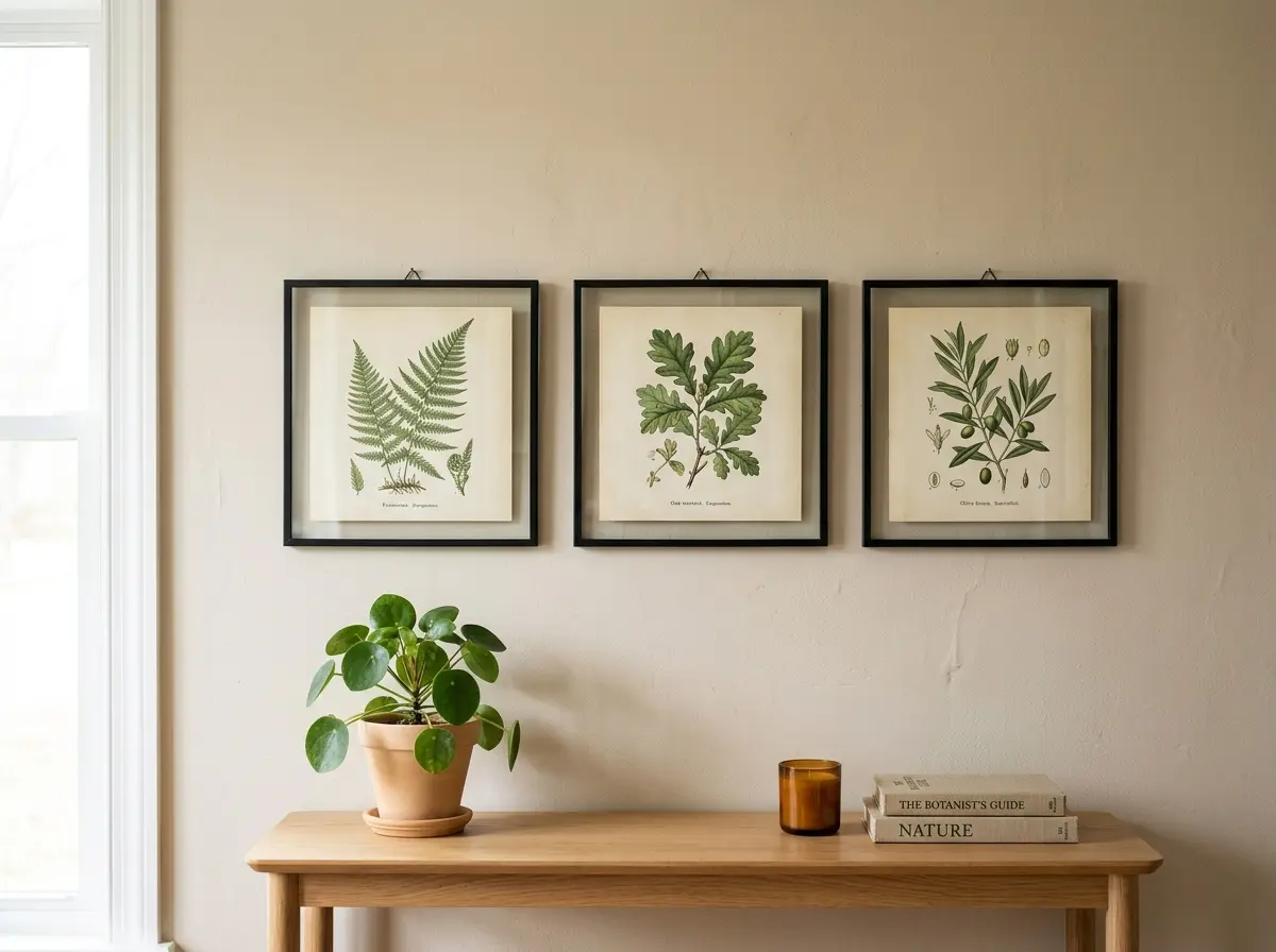 set of three framed botanical leaf prints in thin black frames on beige wall