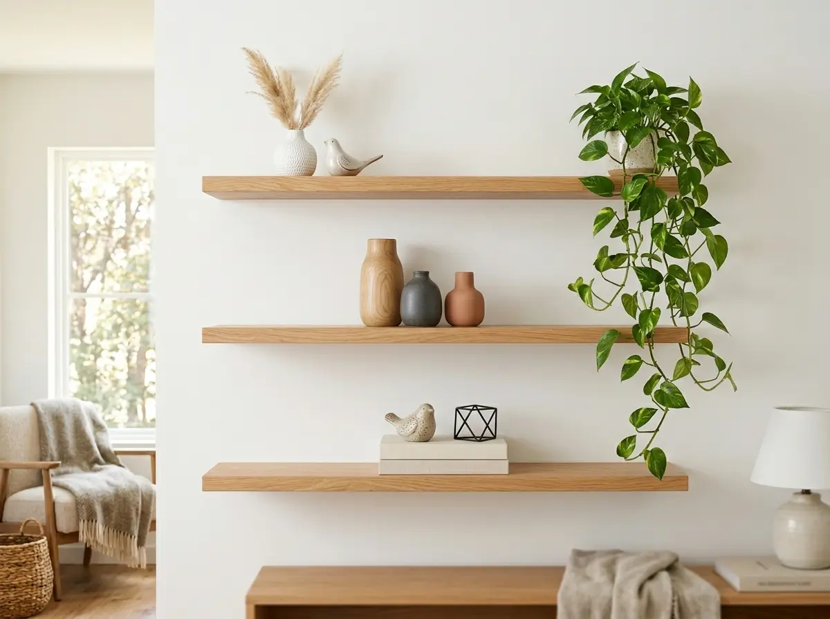 floating wooden shelves with plants books and small sculptures on white wall