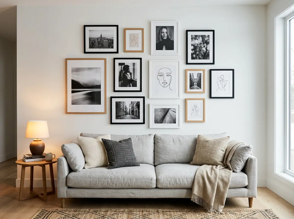 mixed frame gallery wall with black and white photos above sofa