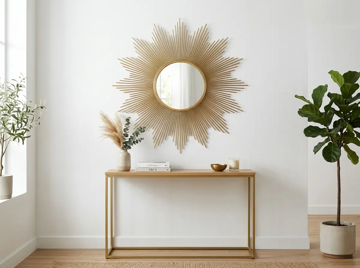 large round gold decorative mirror on white living room wall reflecting natural light