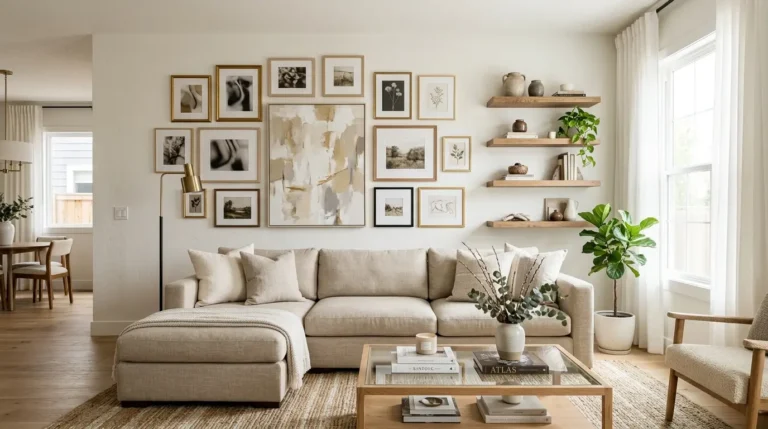 living room wall decor ideas with gallery wall and framed statement art