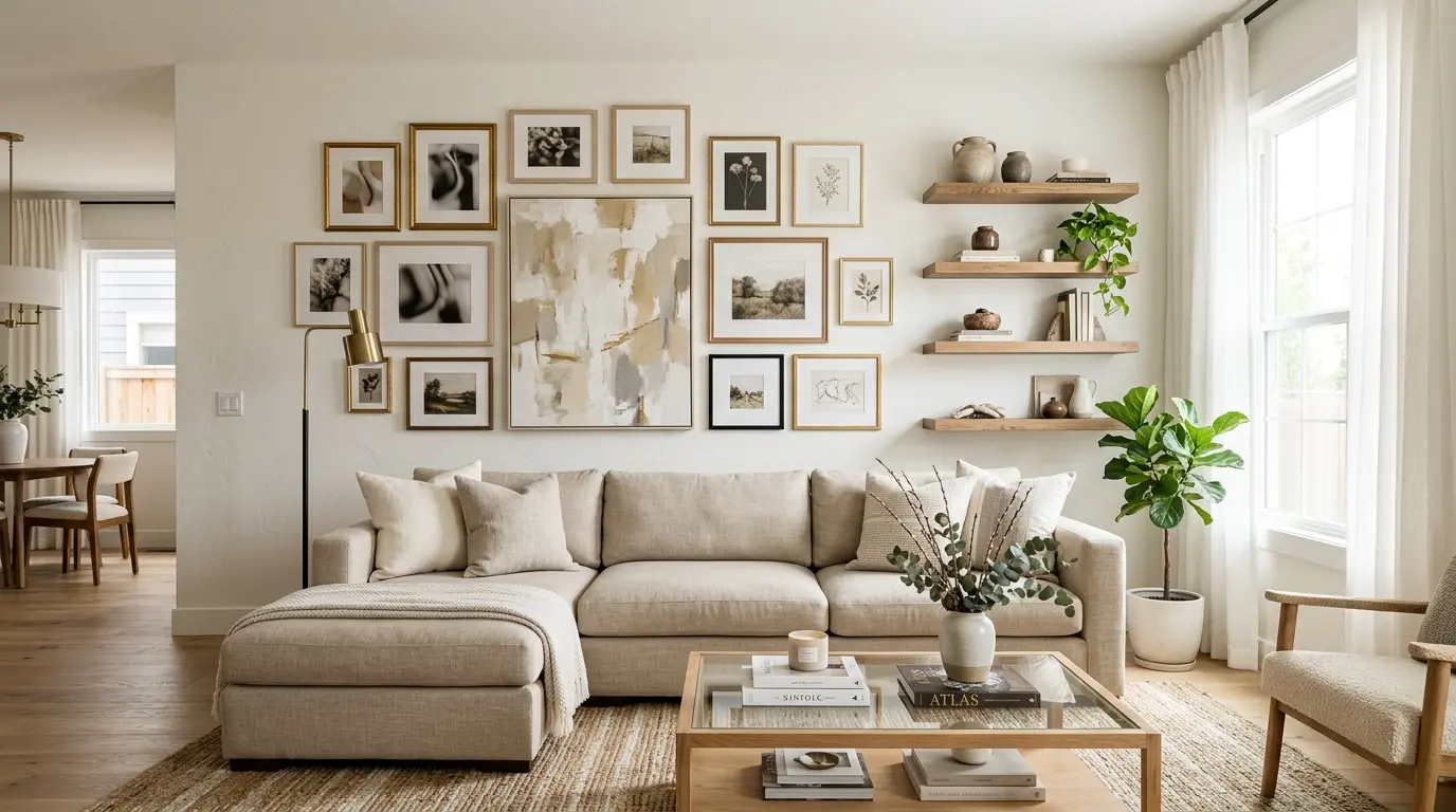 living room wall decor ideas with gallery wall and framed statement art