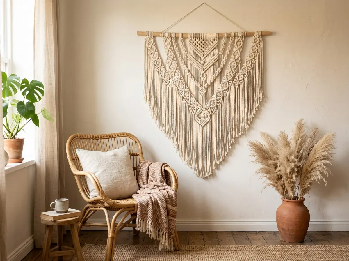 large cream macrame wall hanging above a rattan chair in boho living room