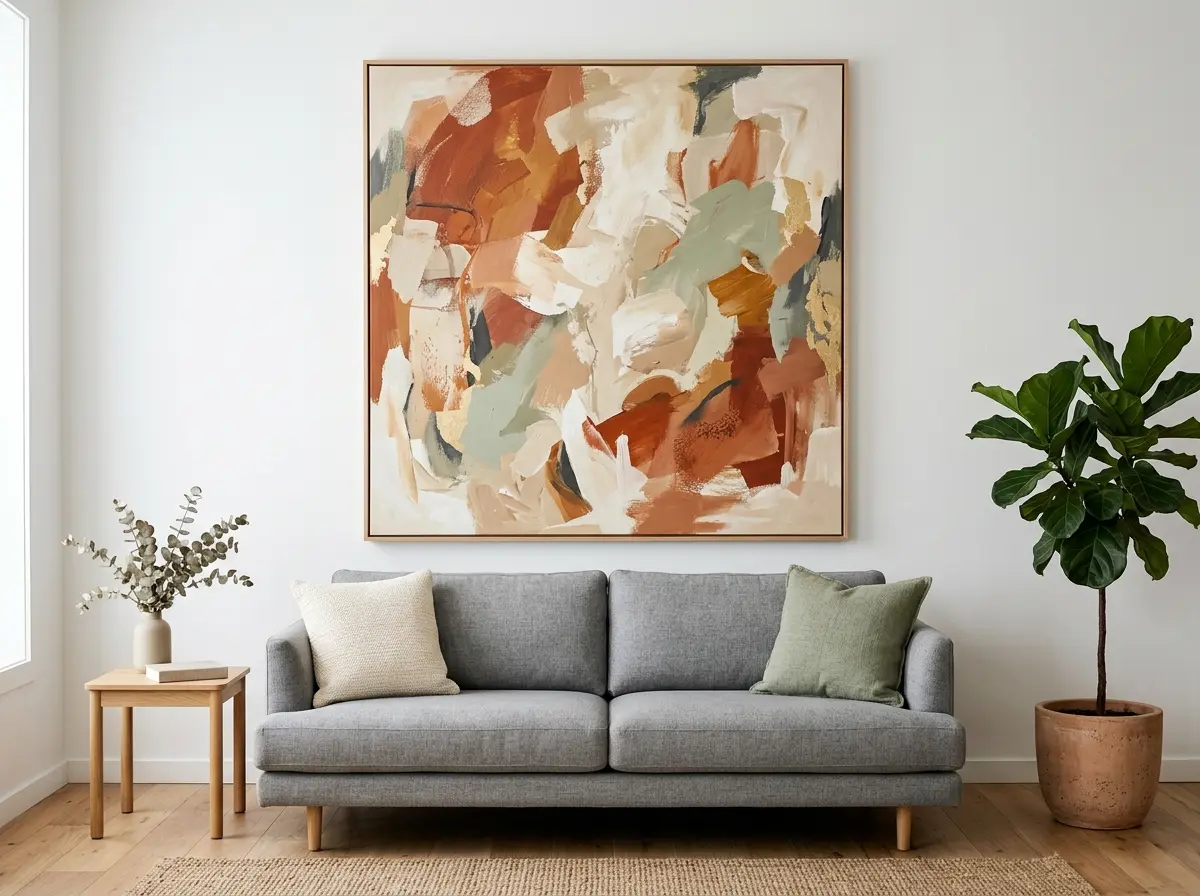 large oversized canvas painting hanging above a grey sofa