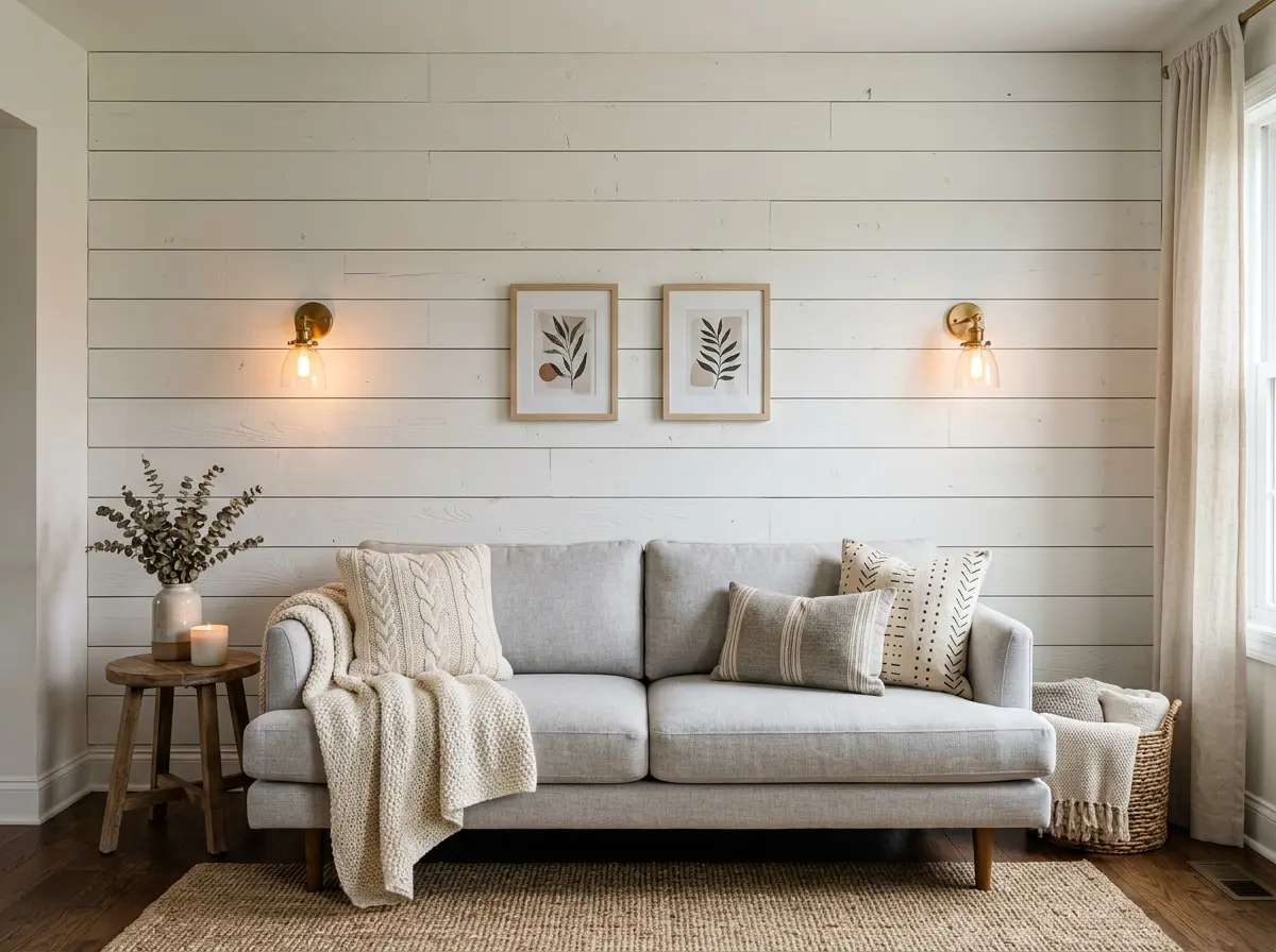 white shiplap wood plank accent wall behind grey sofa in farmhouse living room