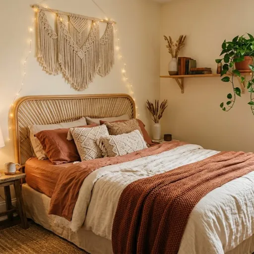 small boho bedroom ideas with warm textures and earthy tones