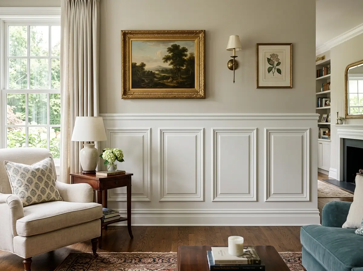 white decorative wainscoting panel molding on lower half of living room wall