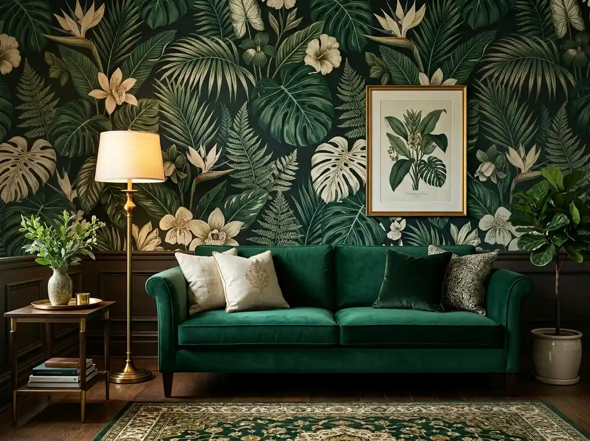 bold floral wallpaper accent wall behind a velvet sofa in modern living room