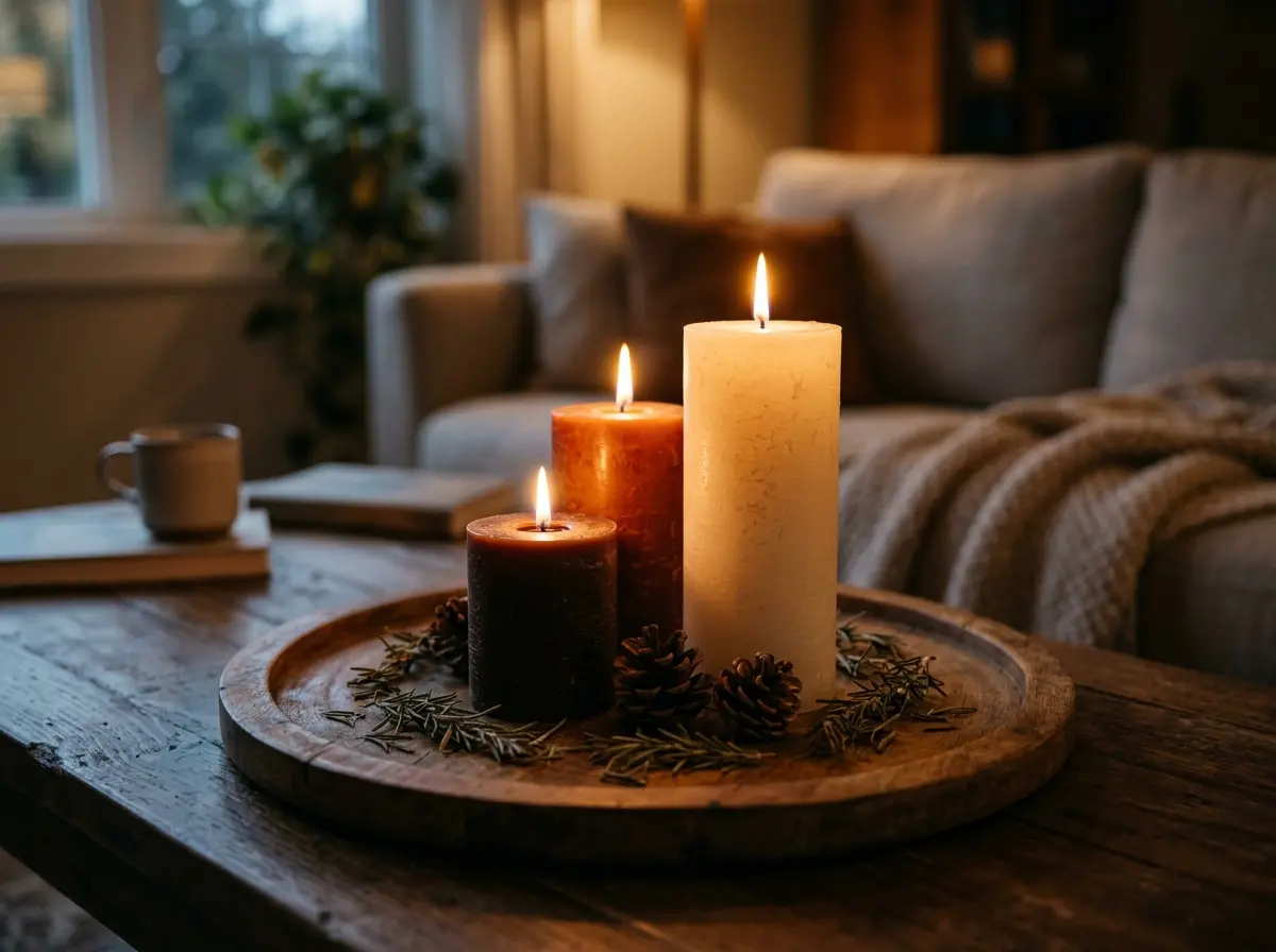three pillar candles of different heights on a wooden tray glowing with warm amber light