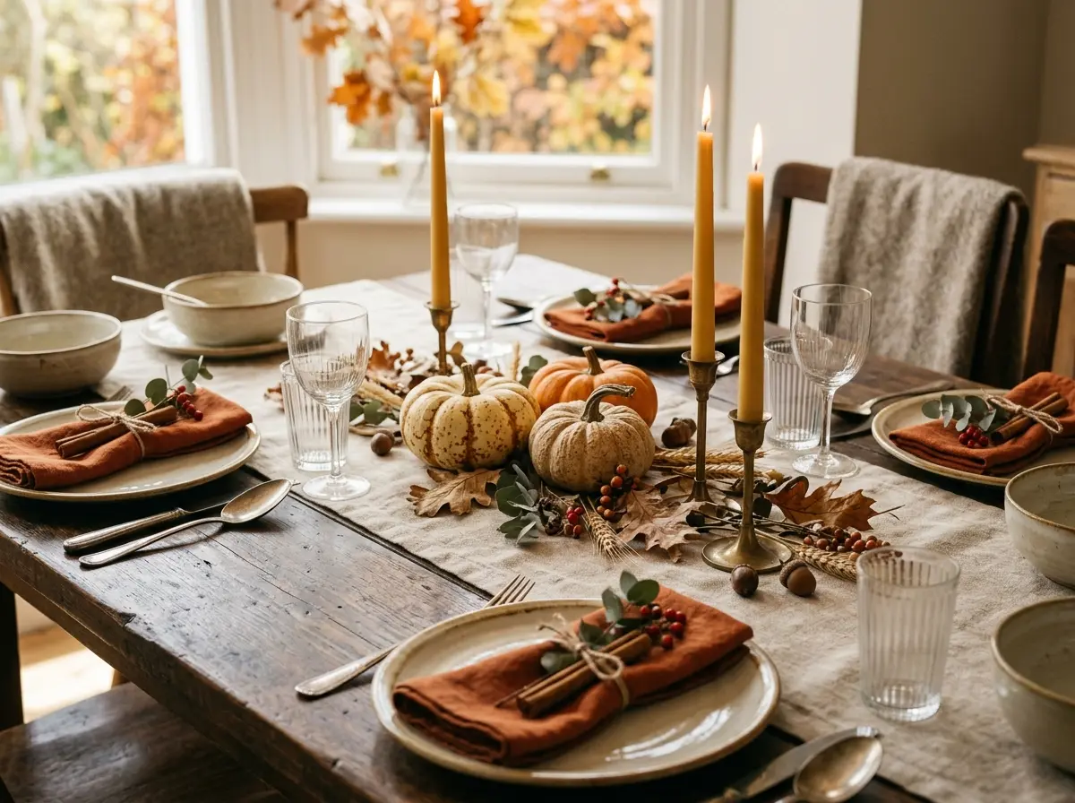 dining table with oatmeal linen runner small pumpkins taper candles and earthy linen napkins