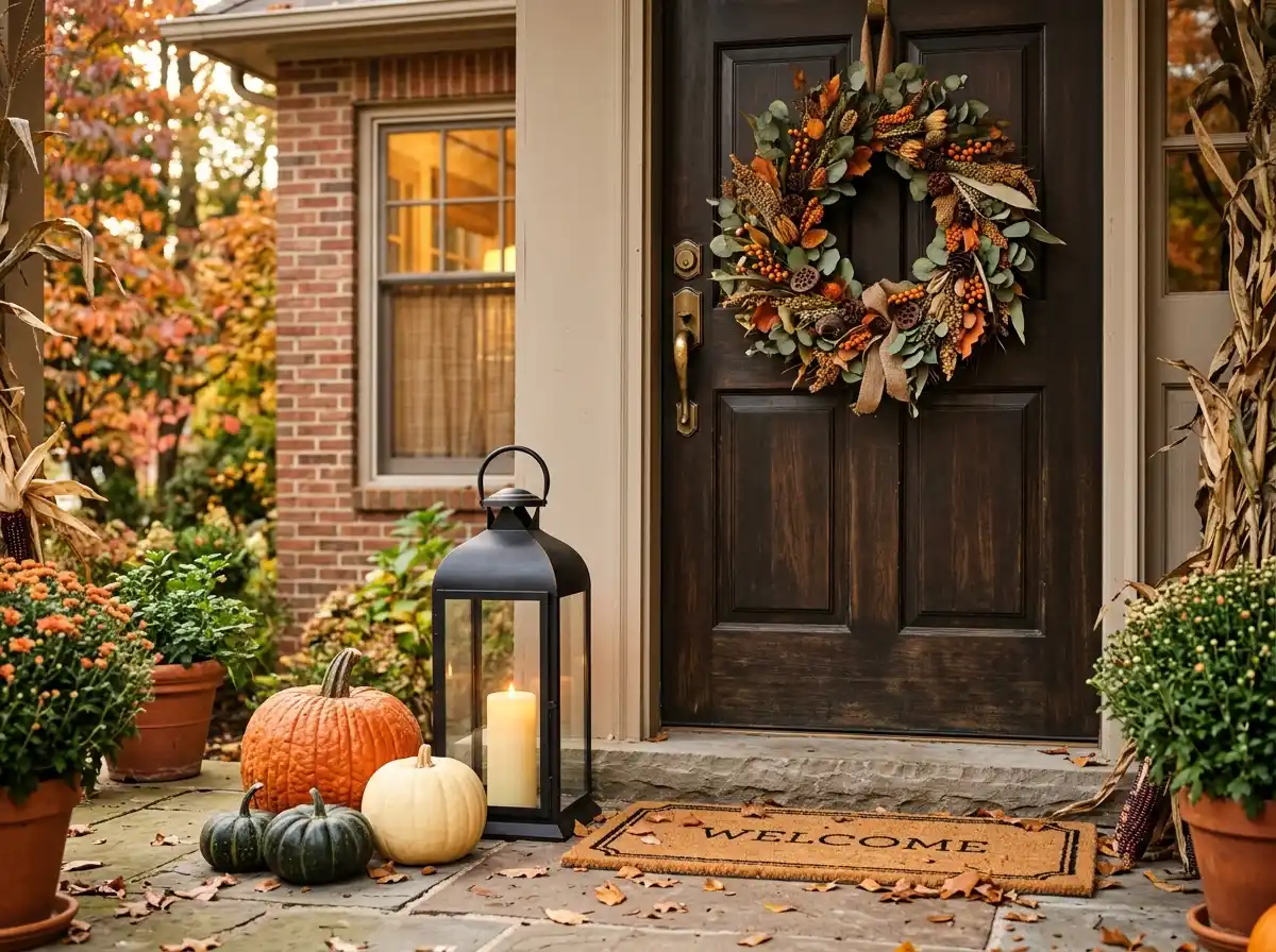 front door with dried foliage wreath mixed pumpkins on doorstep and black lantern with candle