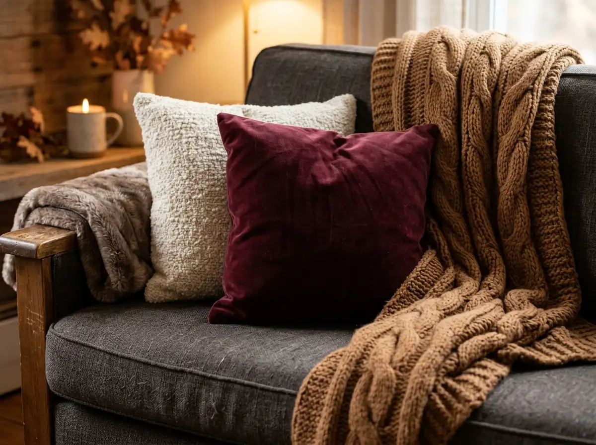 cozy sofa with velvet cushions chunky knit throw and sherpa blanket layered in warm tones