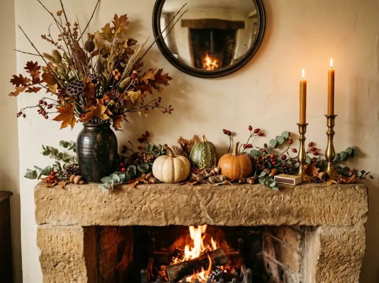 autumn mantle styled with small pumpkins candles dried foliage and warm toned decorative objects