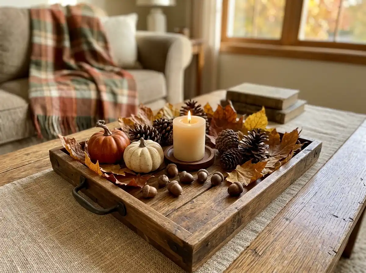 wooden tray with pinecones dried leaves acorns and small pumpkins as a fall centrepiece