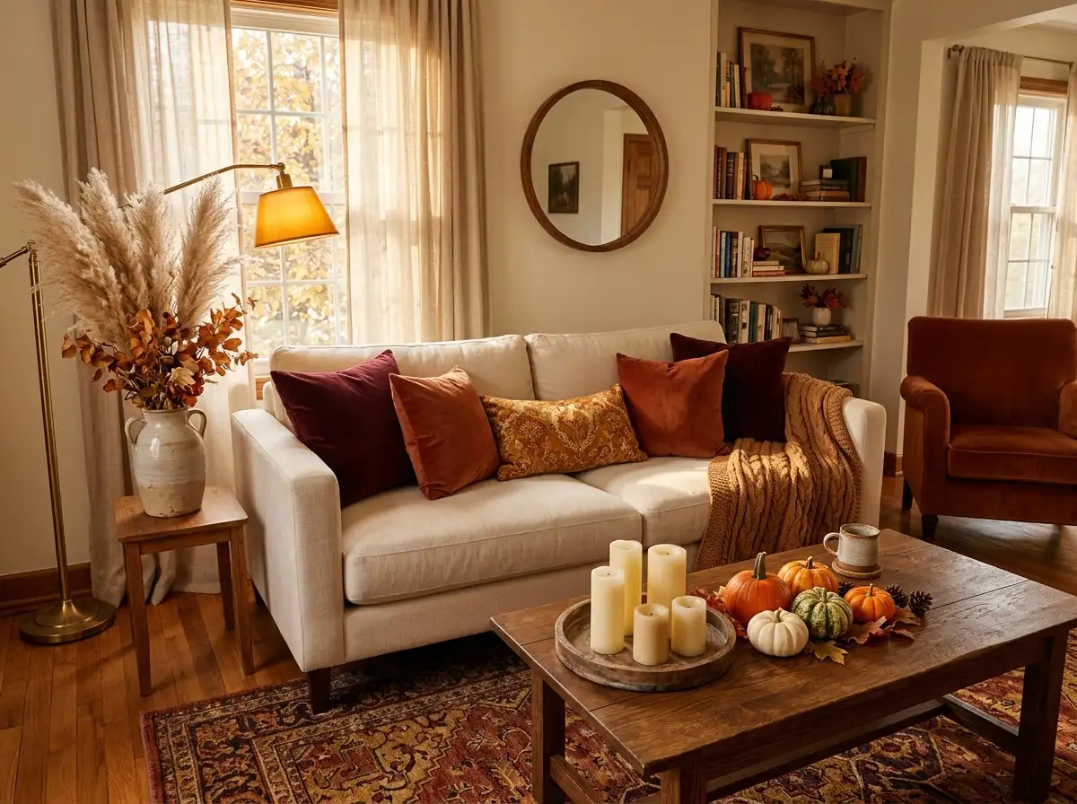 autumn decor trends with warm toned living room featuring pumpkins candles and cozy textiles
