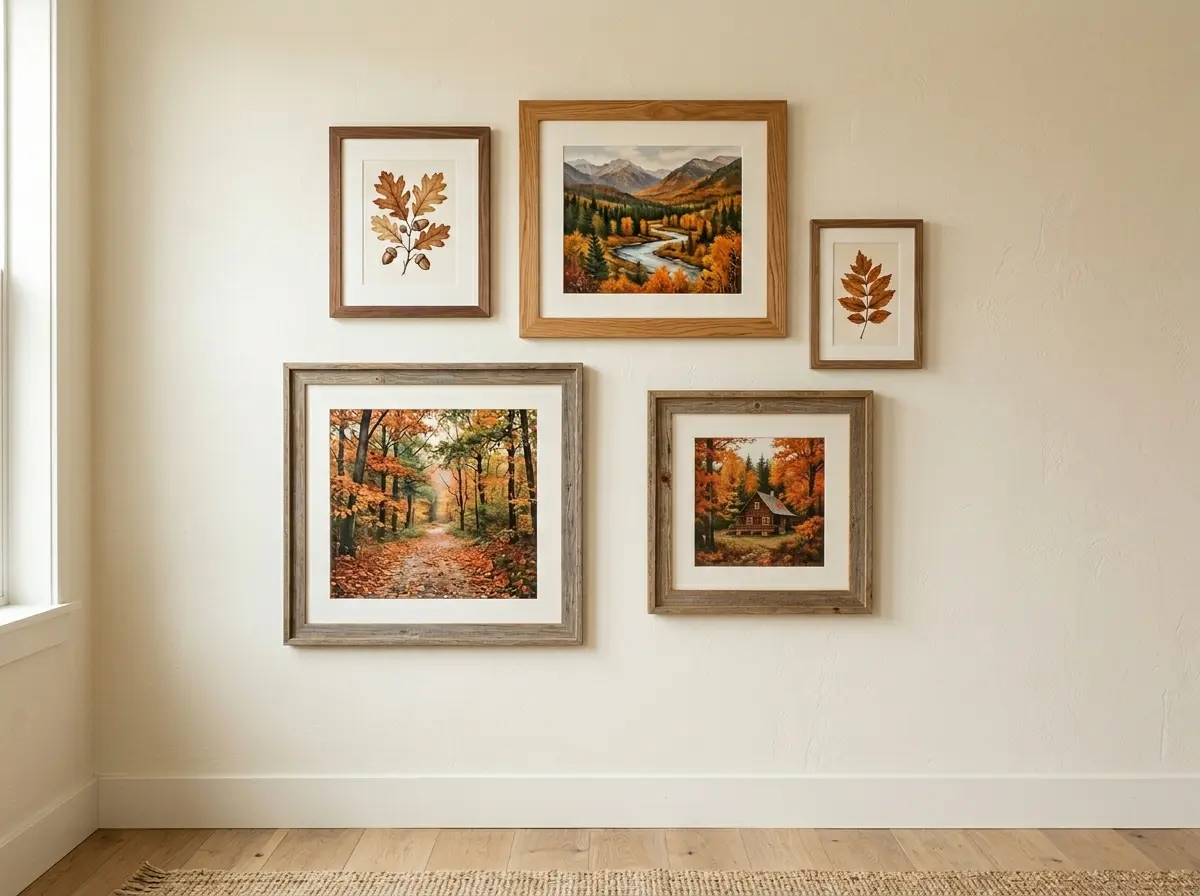 gallery wall with botanical and landscape prints in rust amber and forest green tones in wooden frames