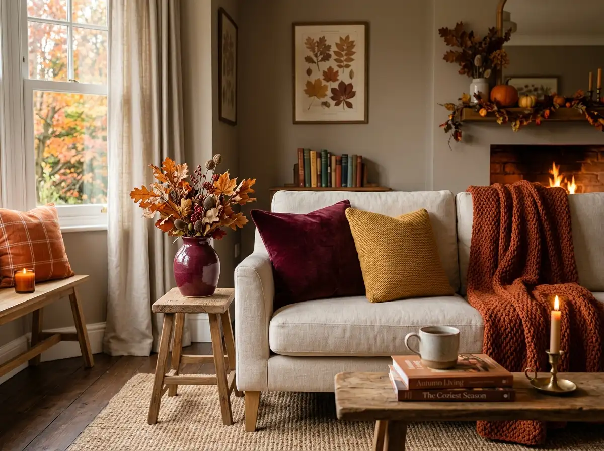 living room with burgundy velvet cushions rust orange throw and mustard yellow pillow styled for fall