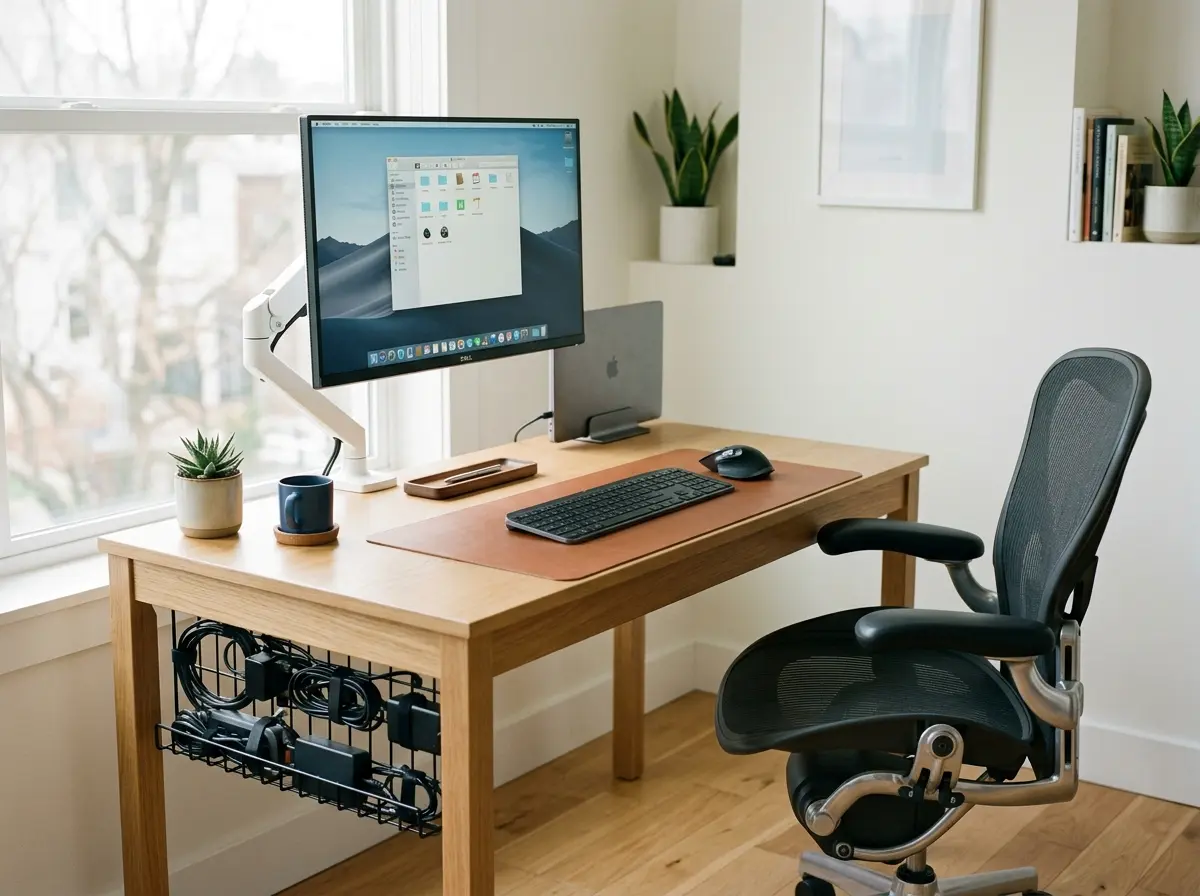clean small desk setup with hidden cables and tidy compact office work area