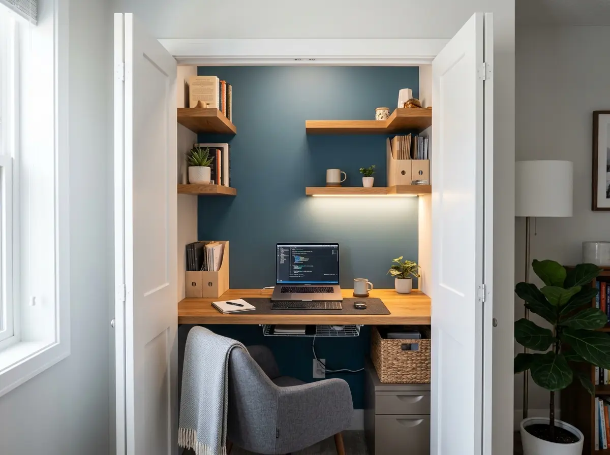 closet converted into a compact home office workspace with desk shelves and lighting