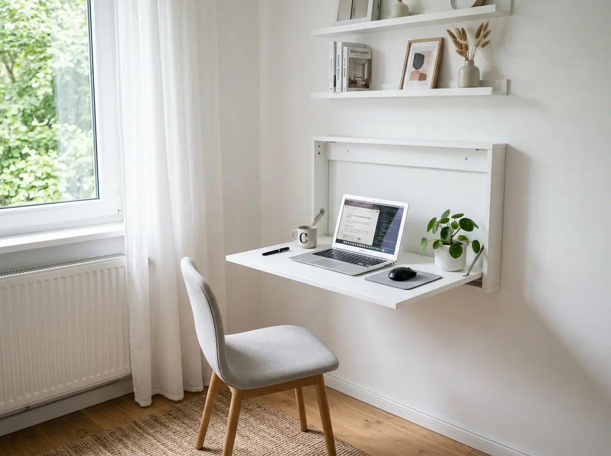 fold down wall mounted desk in a small white room for a compact home workspace