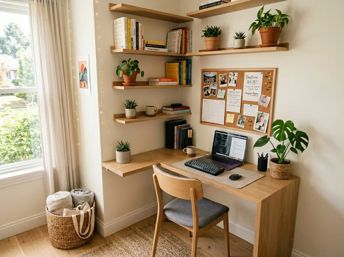 small corner home office nook with L shaped desk and wall shelves in tight room