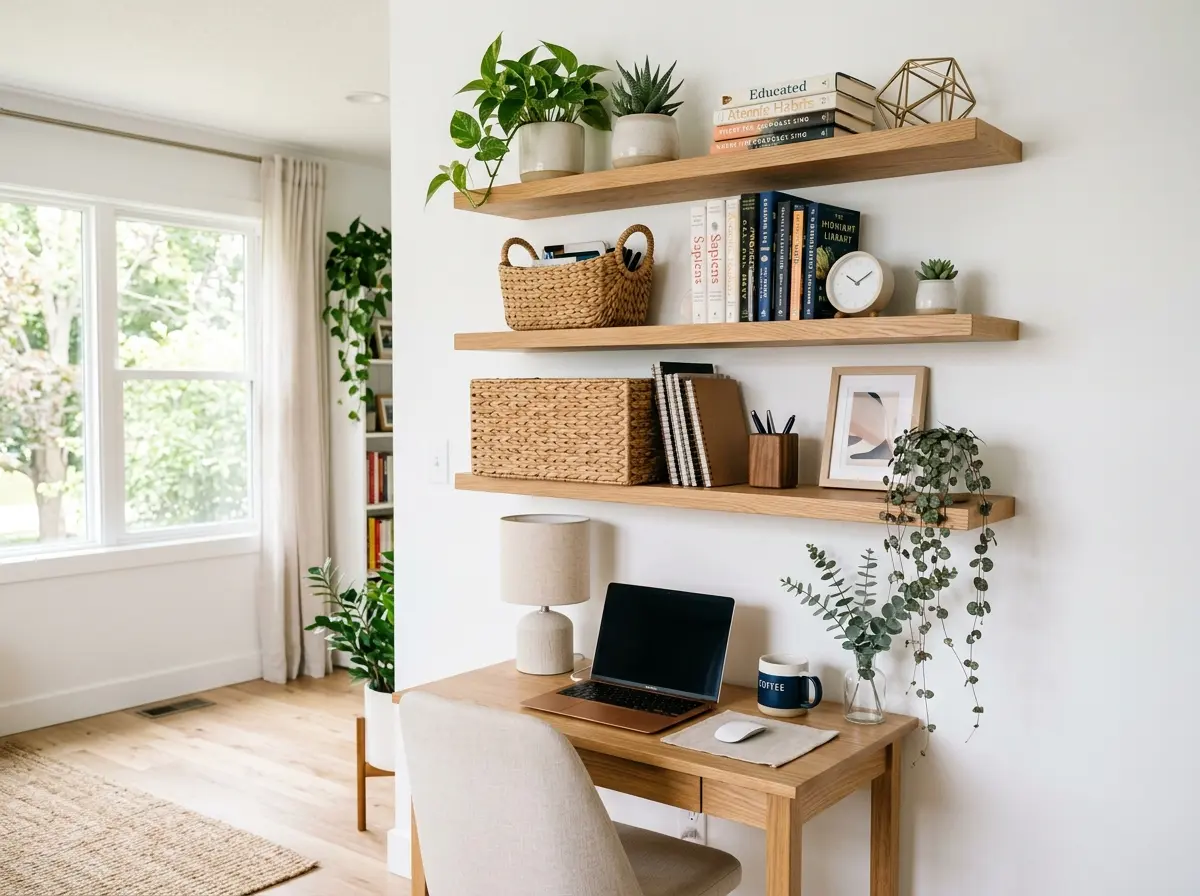 floating wooden shelves mounted above a small office desk with books and plants