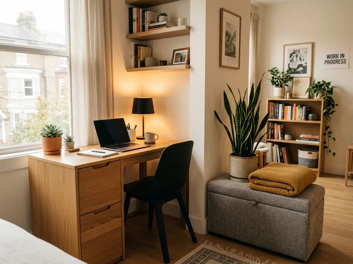 multi functional storage ottoman and compact desk setup in a small home work space