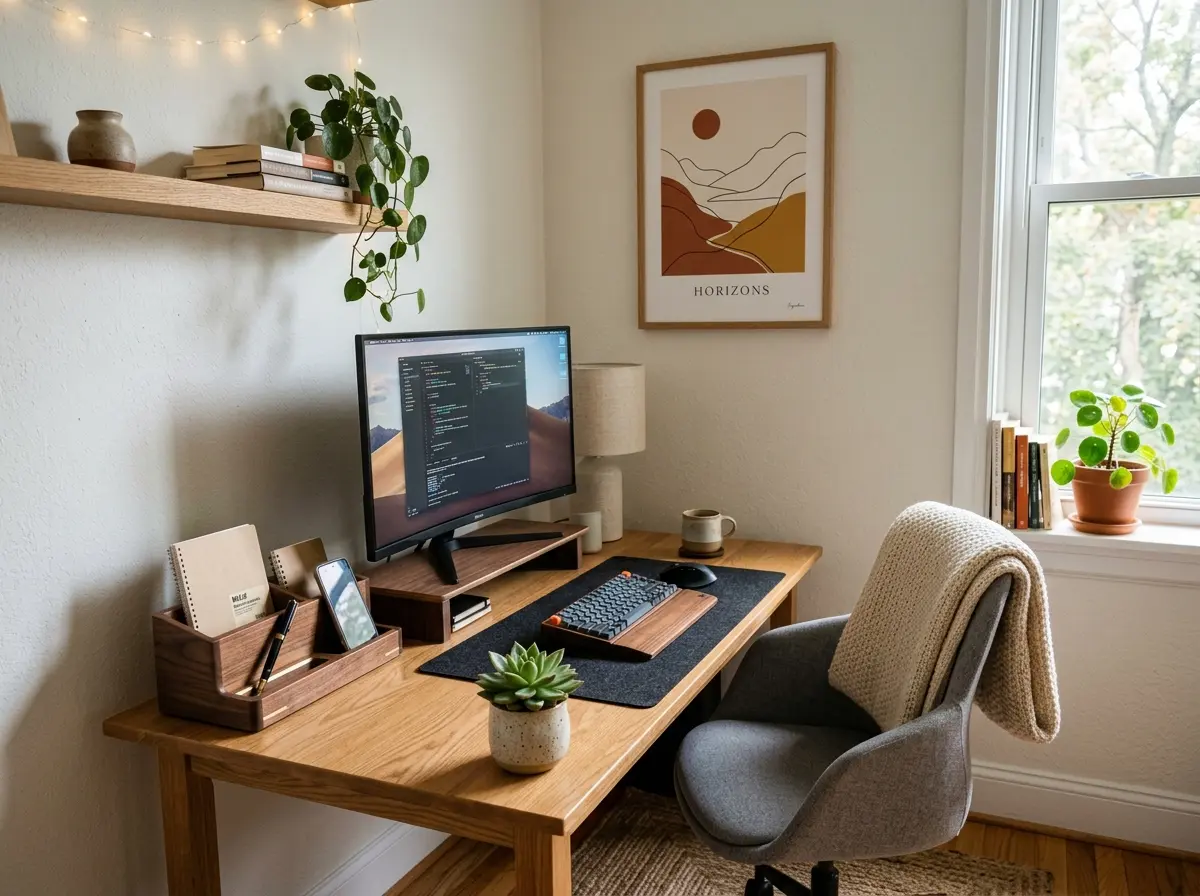 personalized small tight space work area with a plant framed art and desk organizer