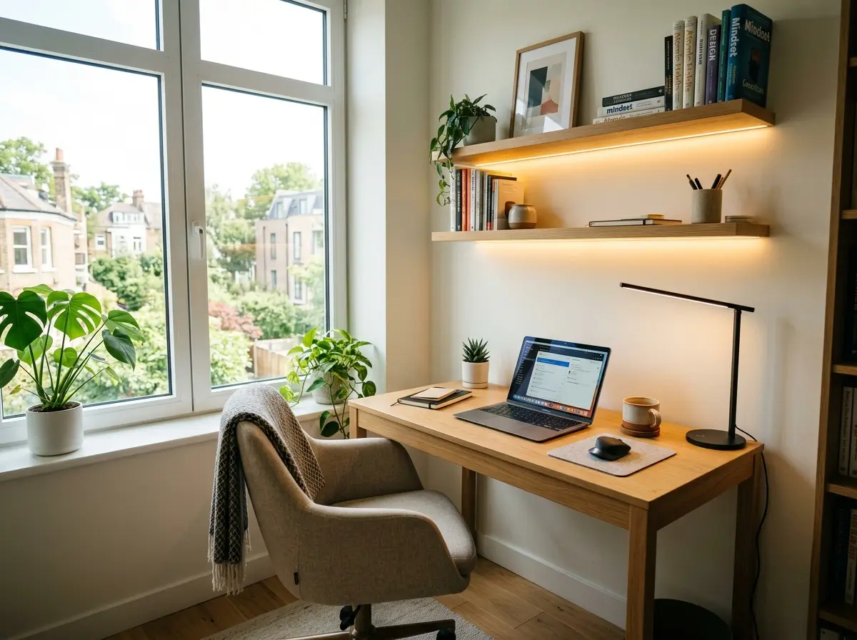 small tight space office desk near window with natural light and a slim task lamp