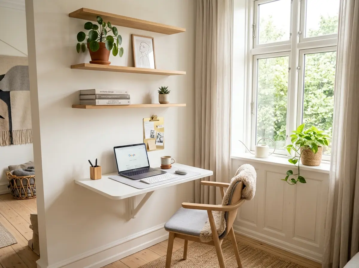 workspace solutions for tight spaces with compact desk and wall shelves in small room