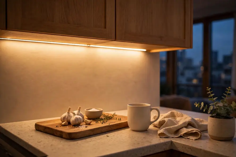 Warm under-cabinet LED strip lighting glowing over a cozy apartment kitchen counter
