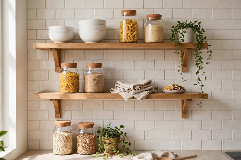 Open kitchen shelving styled with white bowls, glass jars, and a trailing plant