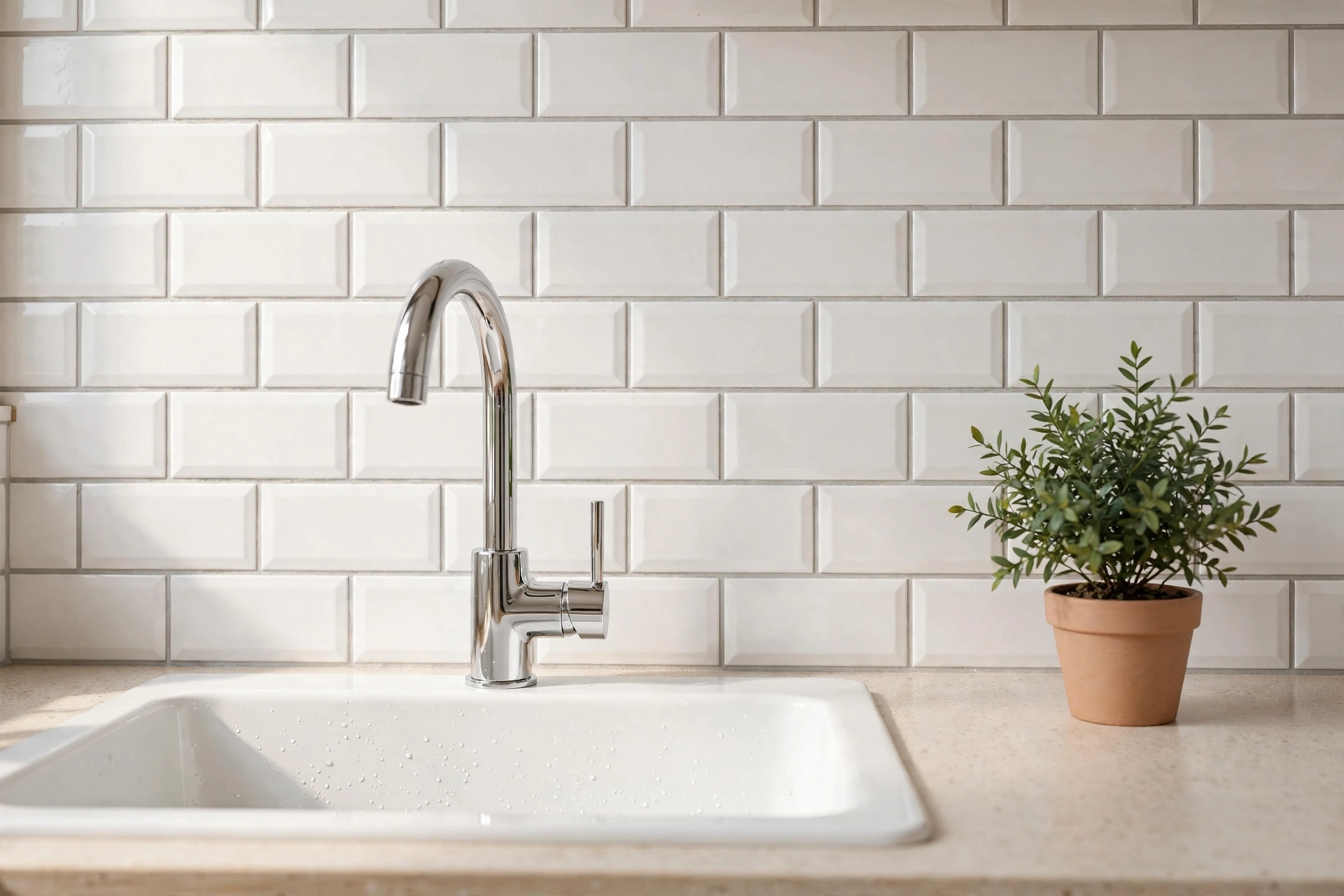 Peel-and-stick backsplash tiles in warm tones in a rental kitchen