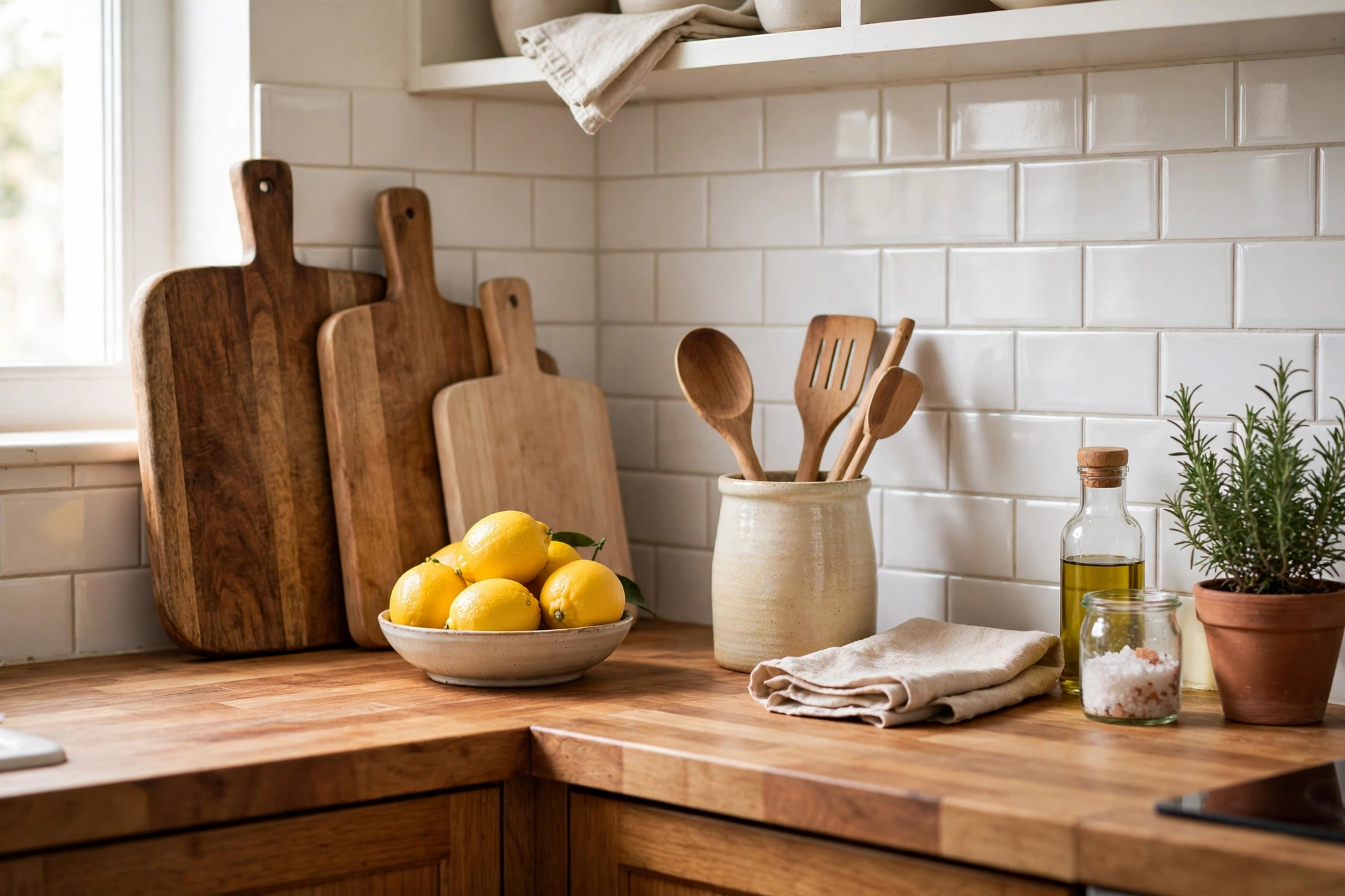 Wooden cutting boards and utensil holder adding warmth to a cozy apartment kitchen counter