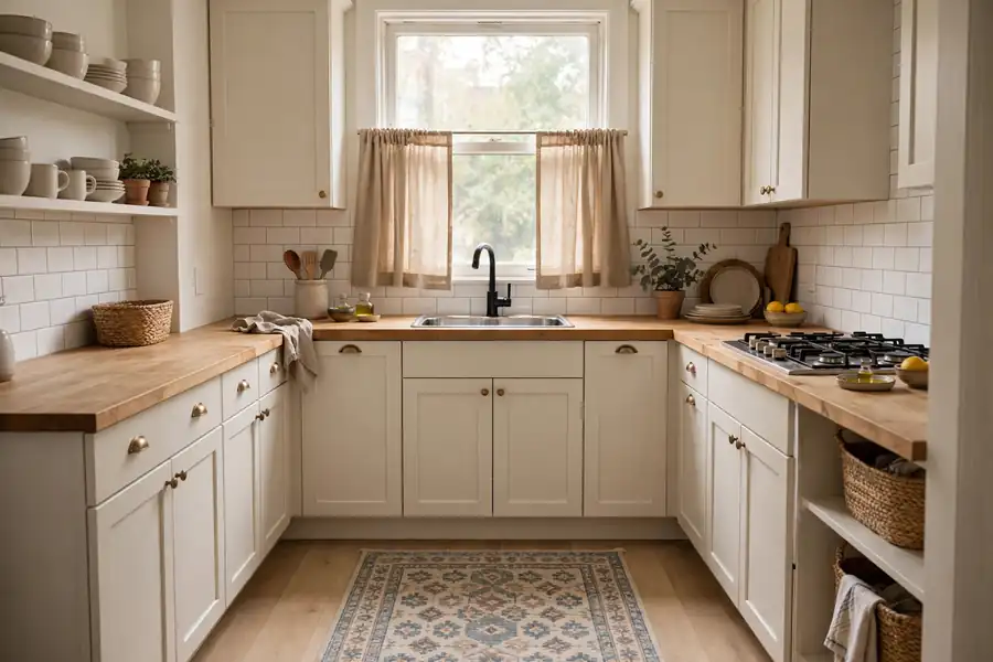 Washable runner rug in warm neutrals in a cozy apartment kitchen