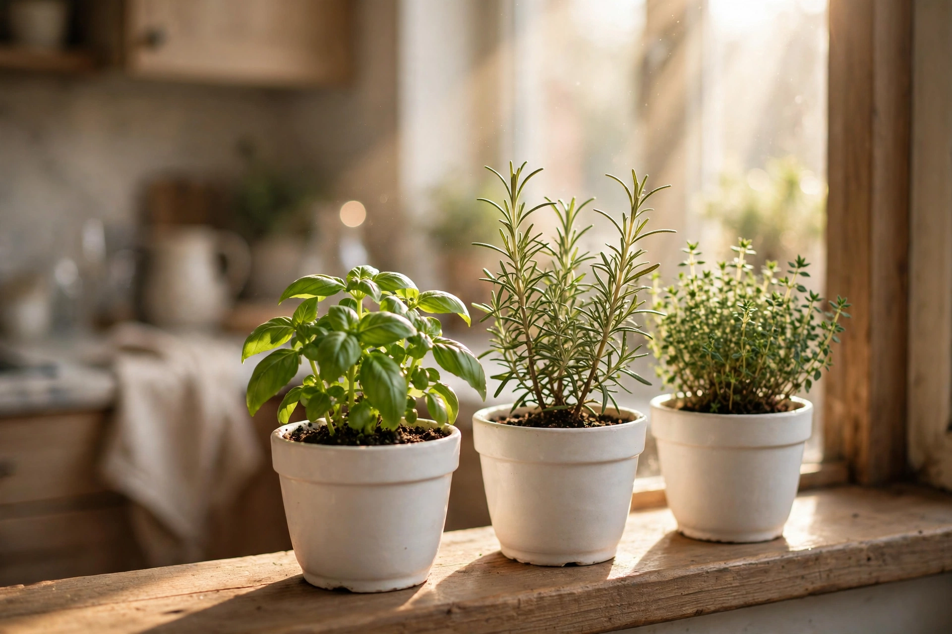 Potted herbs growing on a sunny kitchen windowsill