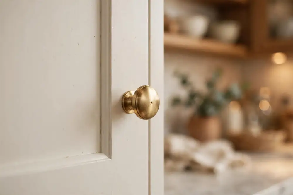 Warm brass cabinet knobs on white kitchen cabinets