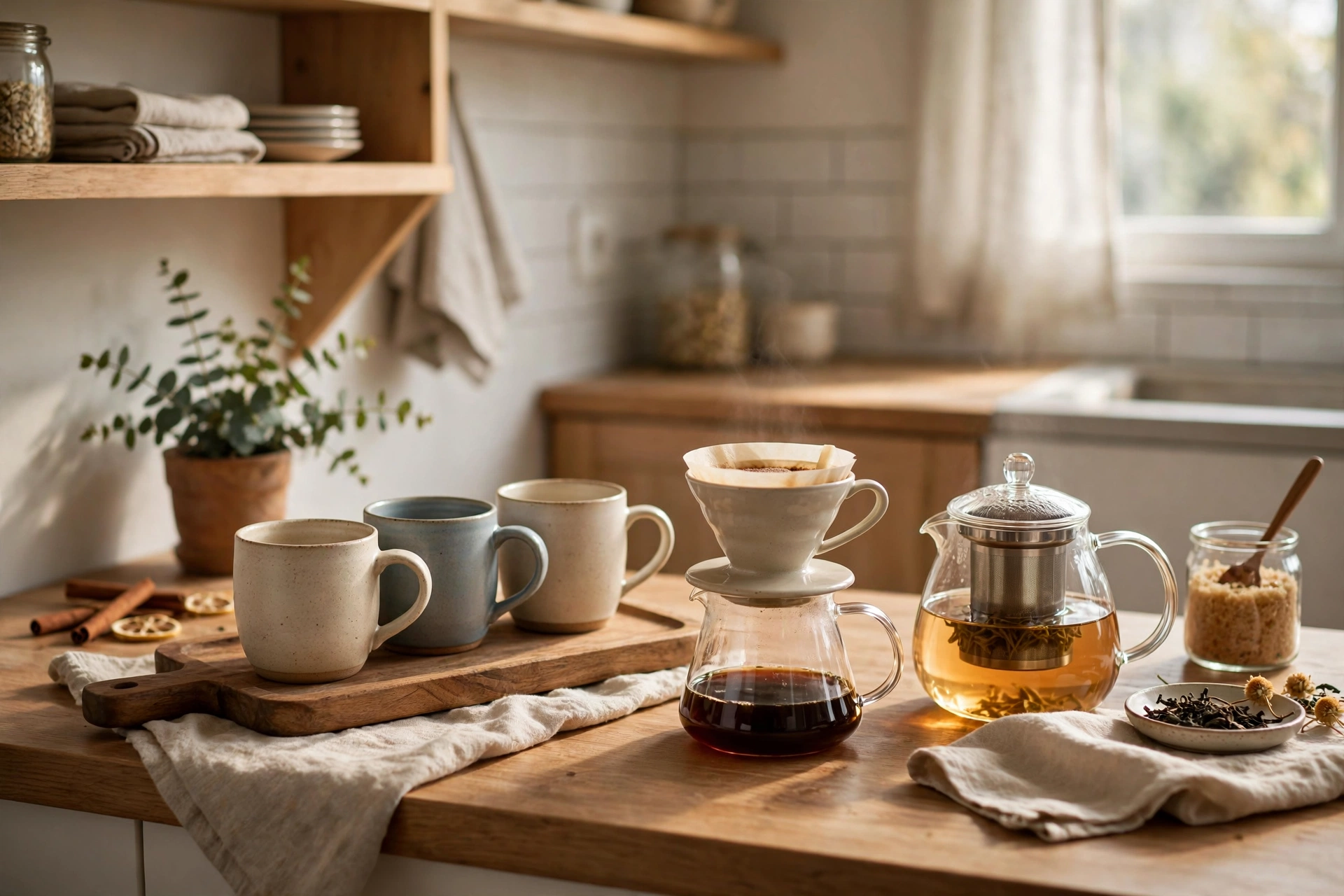 Wooden serving tray styled as a coffee nook in a cozy apartment kitchen