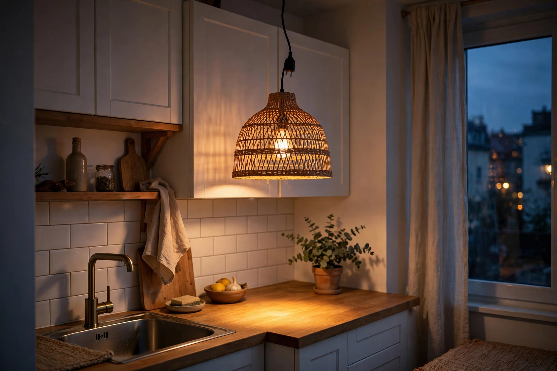 Plug-in rattan pendant light hanging over a small kitchen table
