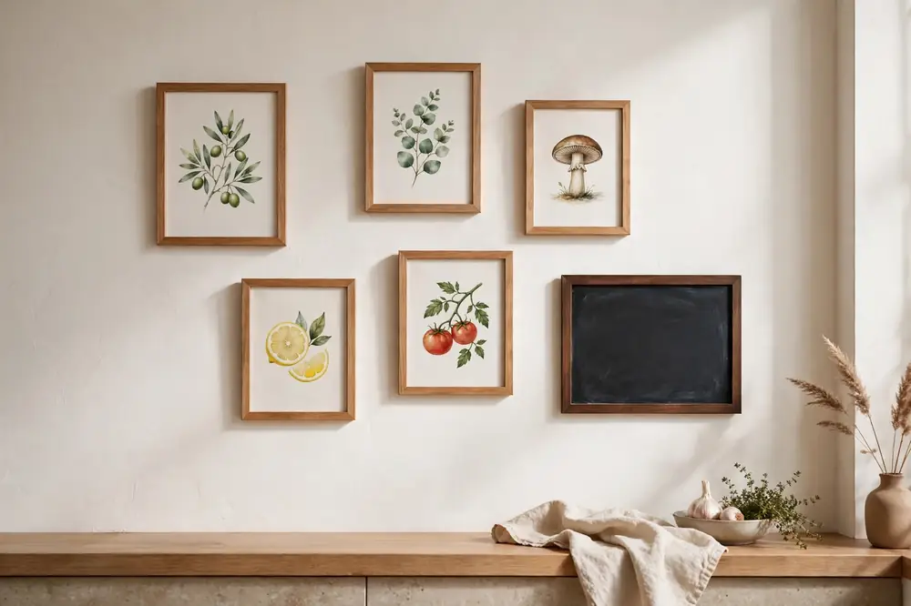 Framed kitchen art prints and a chalkboard menu on a cozy apartment kitchen wall