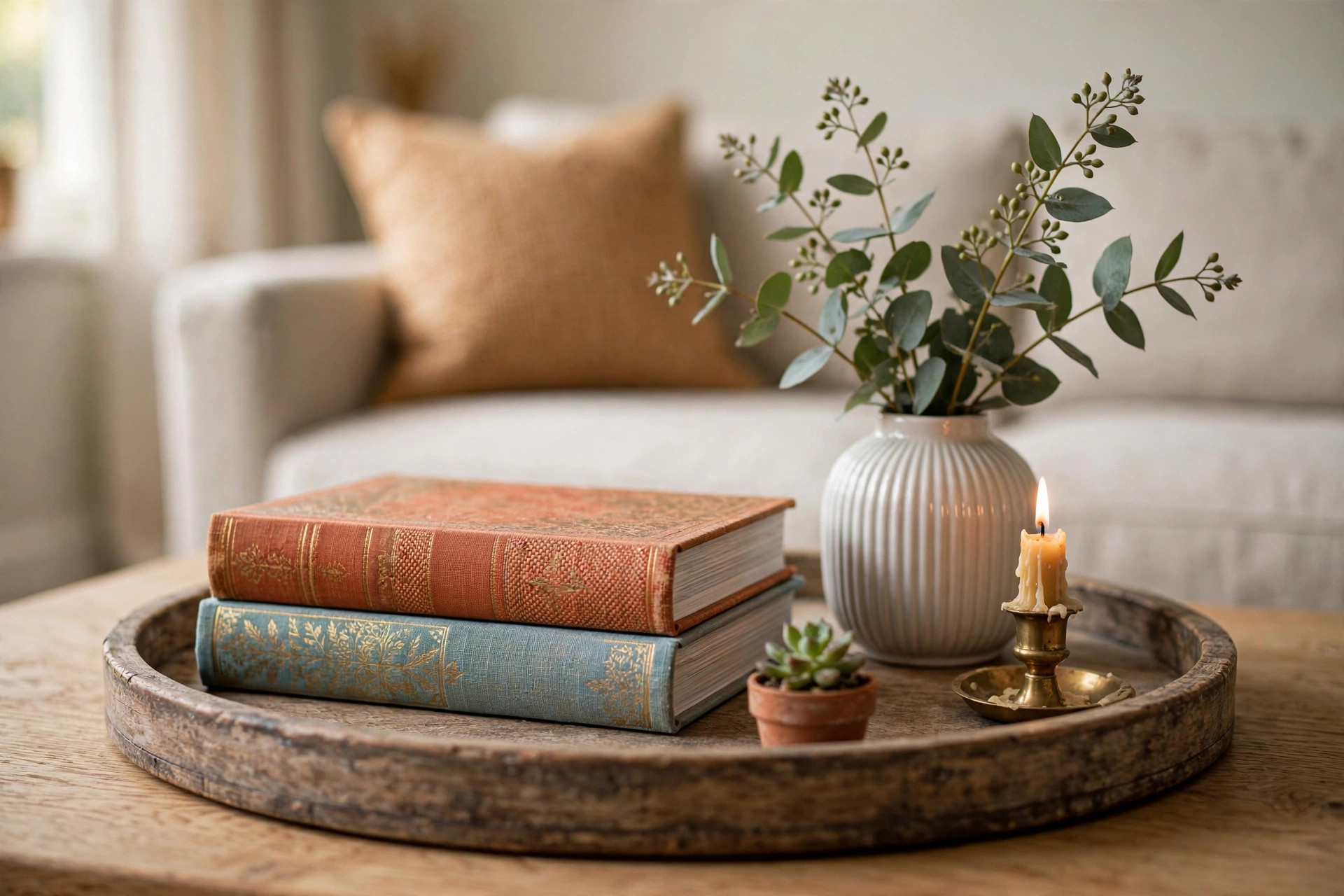 Coffee table styled like a boutique hotel in a small living room