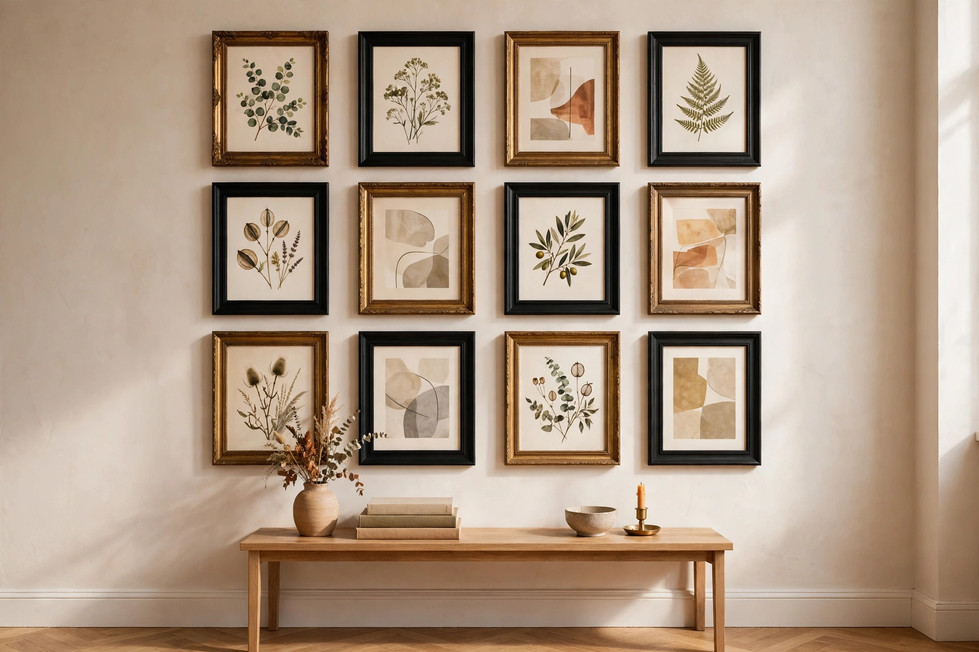 Gallery wall with thrifted frames in a small living room